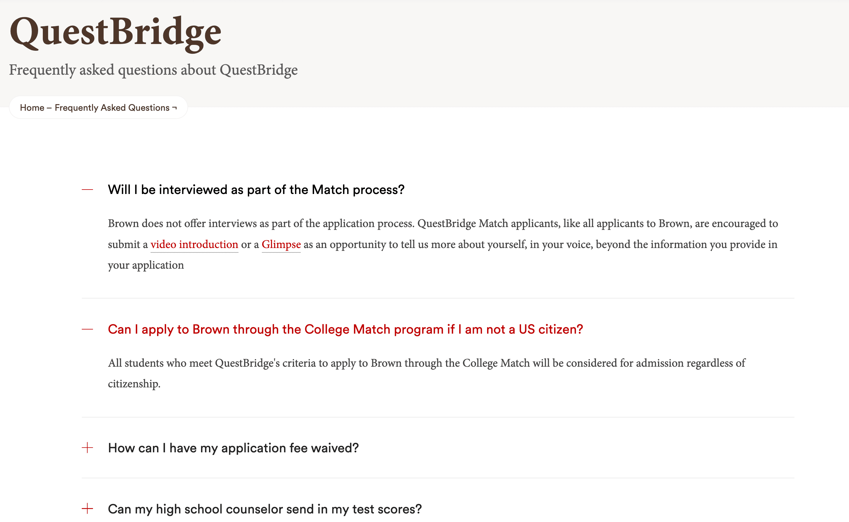 Accordion component from the Brown University Questbridge FAQ Website