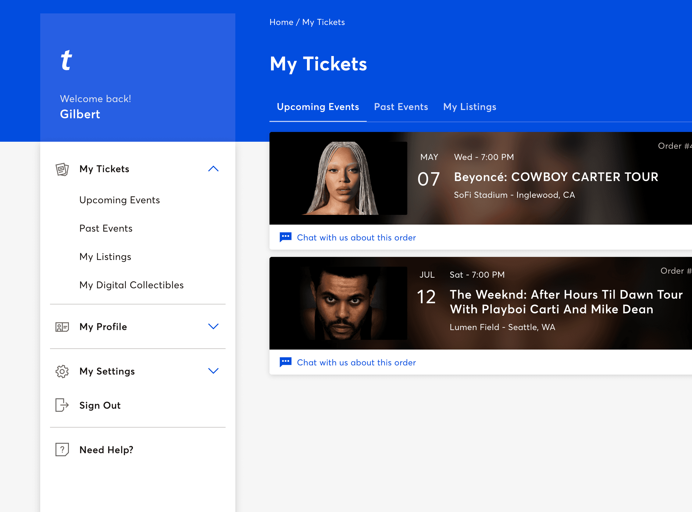 Accordion component from Ticketmaster including the Upcoming Events User Interface